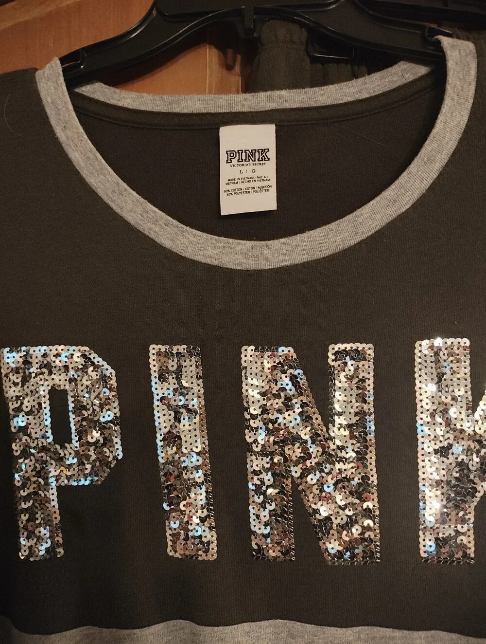 PINK Victoria's Secret Olive & Gray Sequin Logo Jogger Set